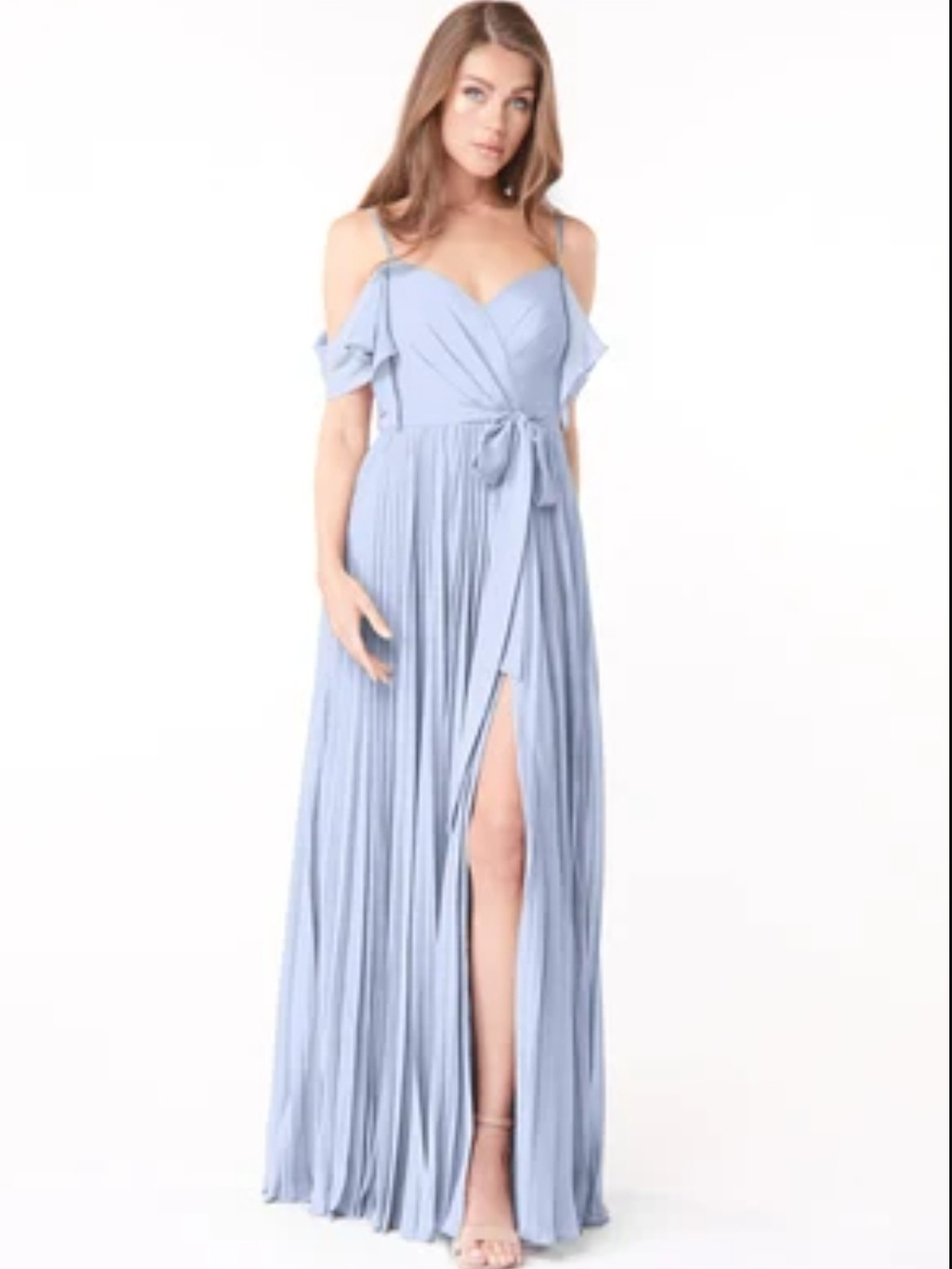 Azazie Lyney Cold-Shoulder Ice Blue Pleated Maxi Dress with Tie Waist